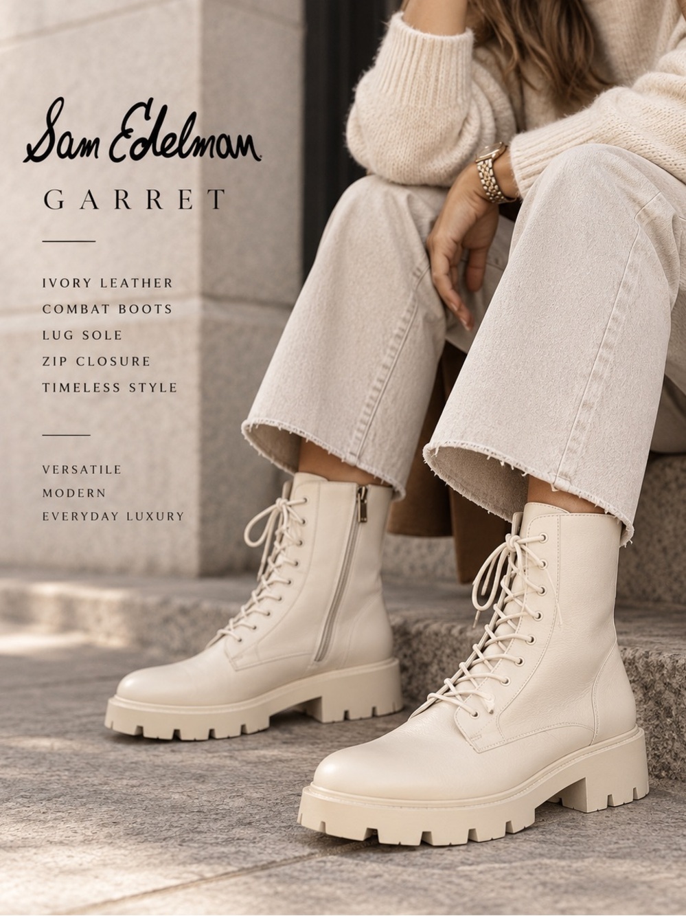 EUC Sam Edelman Garret Ivory Leather Combat Boots US11